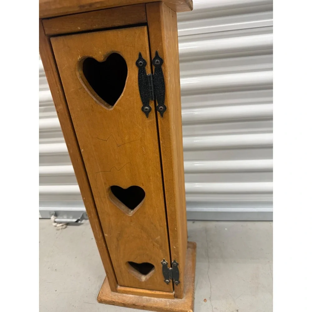 Vintage Rustic Wood Toilet Paper Holder Heart Cutouts Farmhouse Storage Cabinet